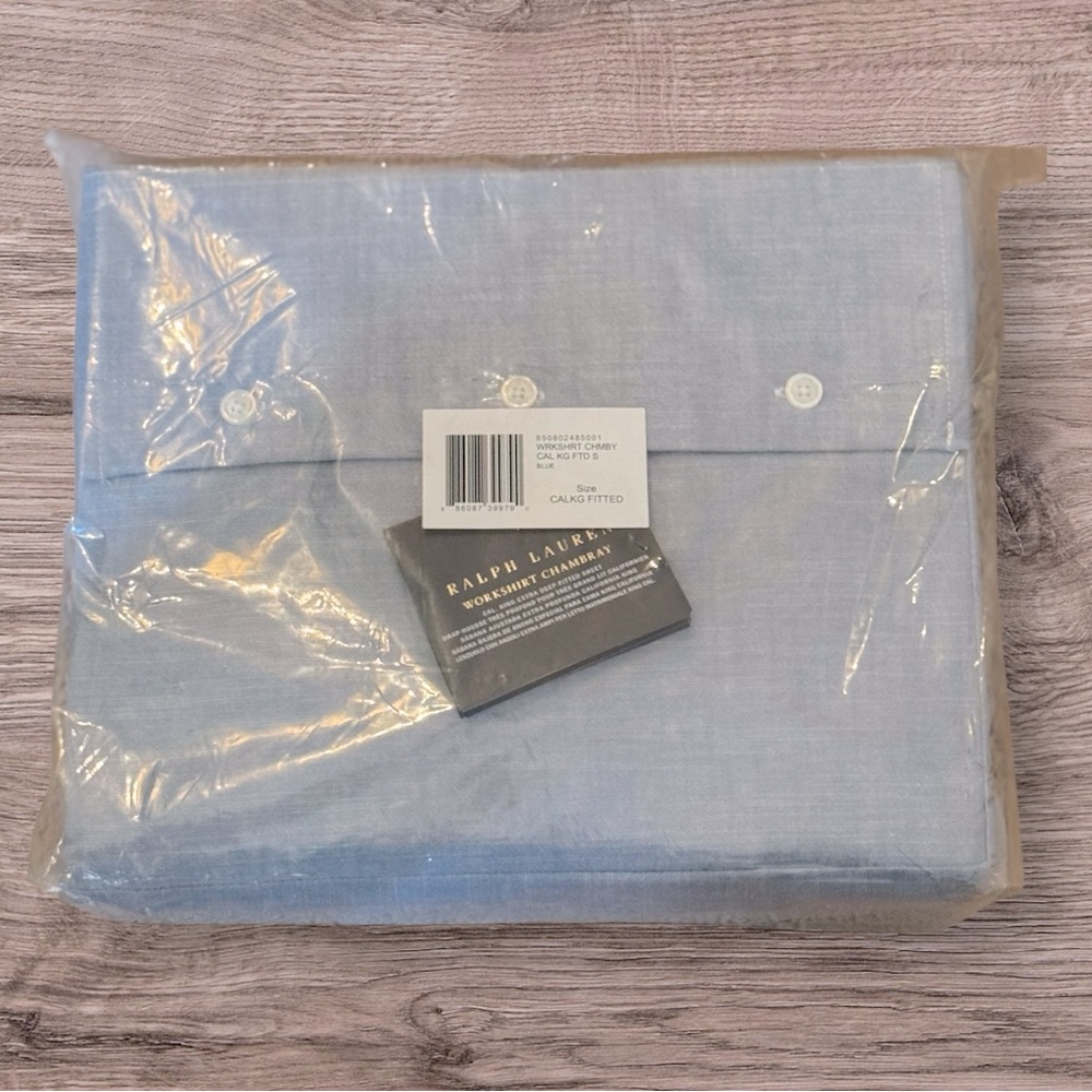 Ralph Lauren Fitted Sheet California King Blue Extra Deep Workshirt Chambray New - Picture 2 of 5
